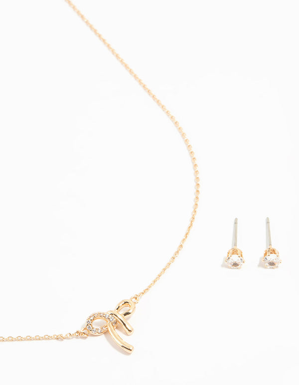 Rose Gold Cubic Zirconia Bow Necklace & Earrings Set
