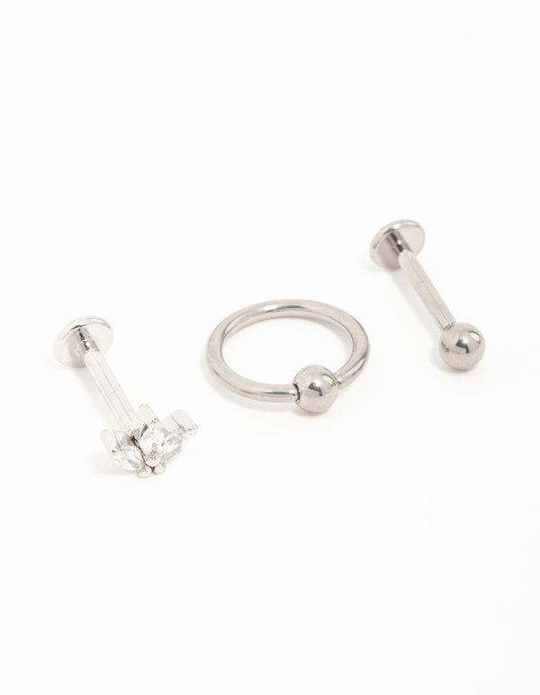 Titanium Clicker Ring & Cubic Zirconia Flat Back Earrings 3-Pack
