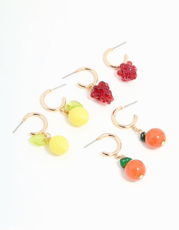 Gold Fruit Stud Earrings 3-Pack