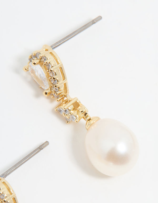 Gold Plated Pearl Pear Diamante Drop Earrings