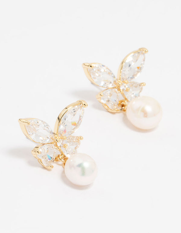 Gold Plated Cubic Zirconia Butterfly Pearl Drop Earrings