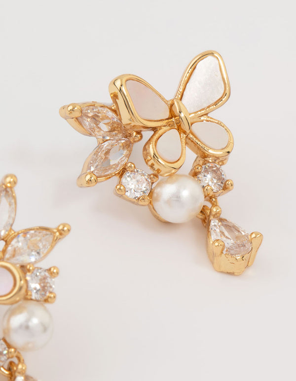 Gold Plated Pearl Butterfly Mini Drop Earrings