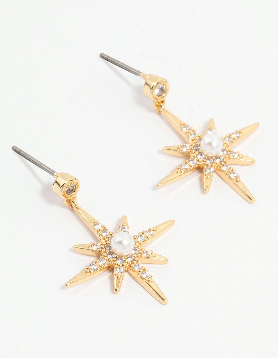 Gold Plated Diamante Pearl Star Drop Earrings