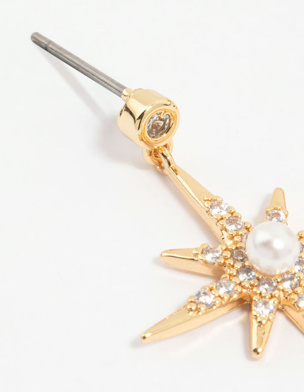 Gold Plated Diamante Pearl Star Drop Earrings