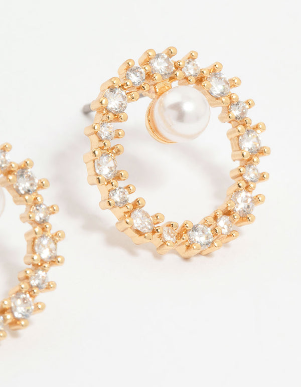 Gold Plated Cubic Zirconia Pearl Wreath Stud Earrings