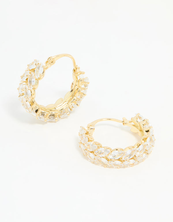 Gold Plated Diamante Marquise Herringbone Hoop Earrings