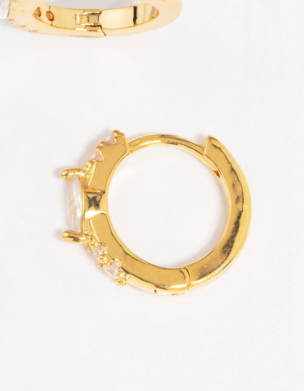 Detailed perspective of gold plated diamante marquise pave huggie earrings post detail view