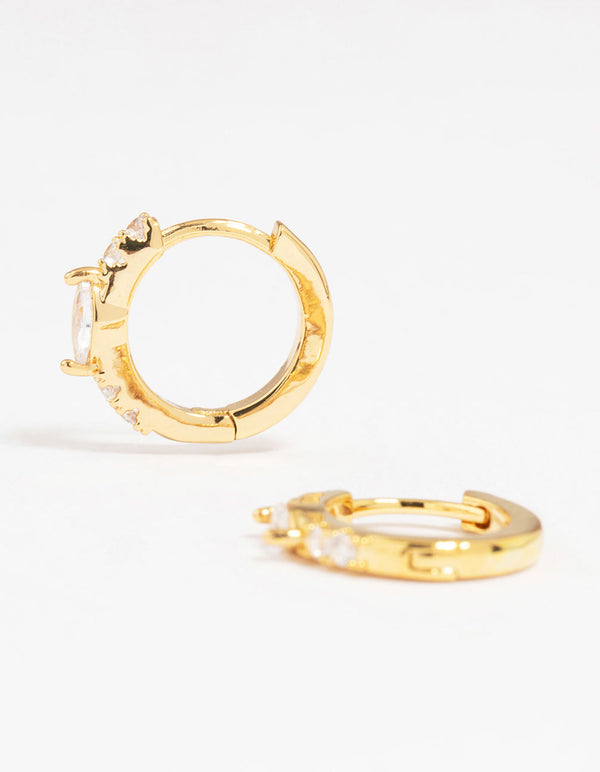 Beautifully crafted gold plated diamante marquise pave huggie earrings front view