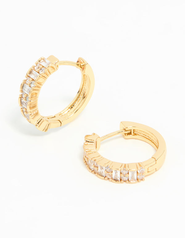 Discover gold plated diamante baguette pave hoop earrings with clear stones front view