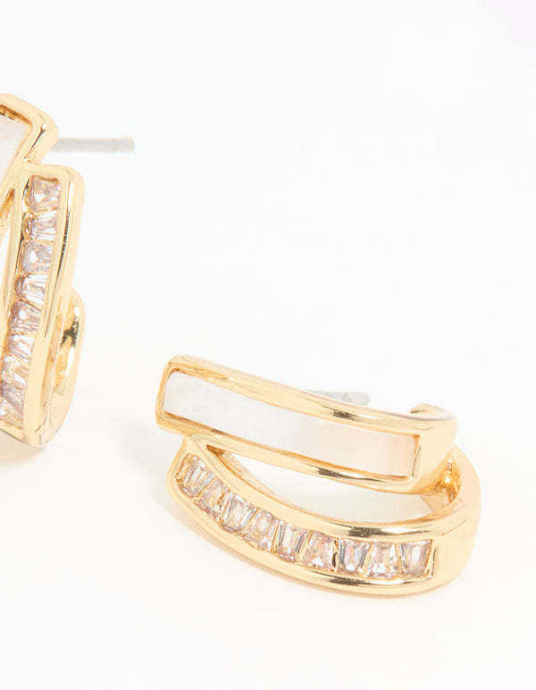 Gold Plated Cubic Zirconia & Mother Of Pearl Jacket Earrings