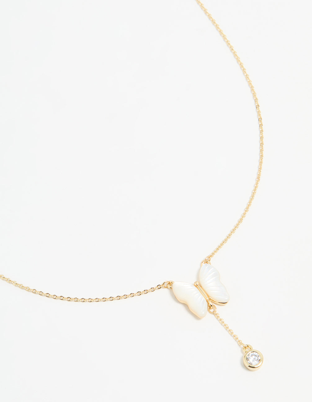 Gold Plated Mother Of Pearl & Cubic Zirconia Butterfly Y-Necklace