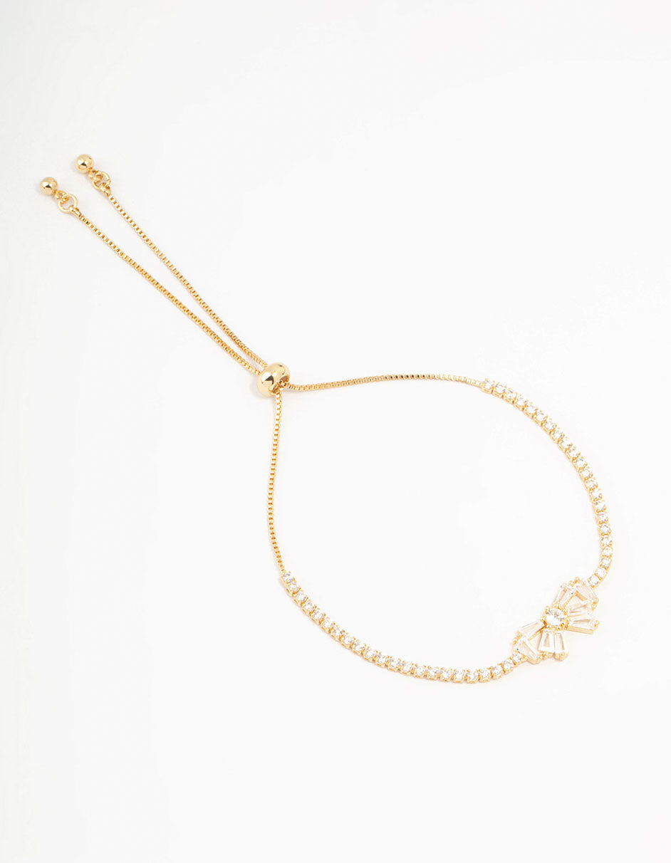 Gold Plated Cubic Zirconia Baguette Bow Toggle Bracelet