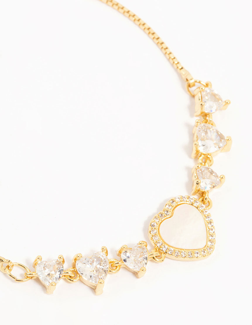 Gold Plated Mother Of Pearl & Mini Heart Toggle Bracelet