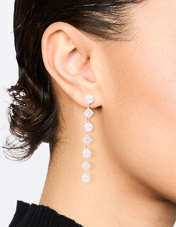 Silver Plated Cubic Zirconia & Pearl Drop Earrings