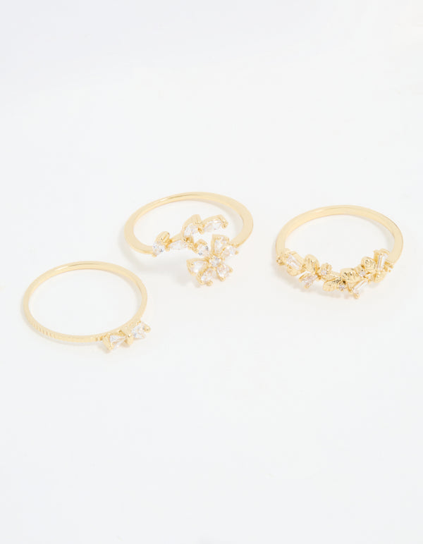Gold Plated Pearl Flower & Bow Rings 3-Pack