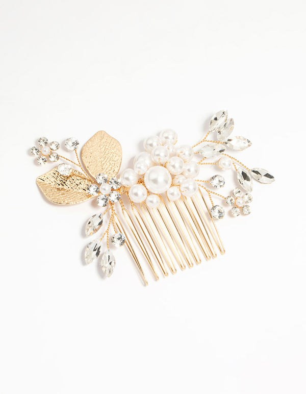 Gold Pearl Diamante Marquise Cluster Comb