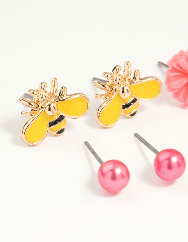 Kids Gold Tiara & Bee Stud Earrings 6-Pack