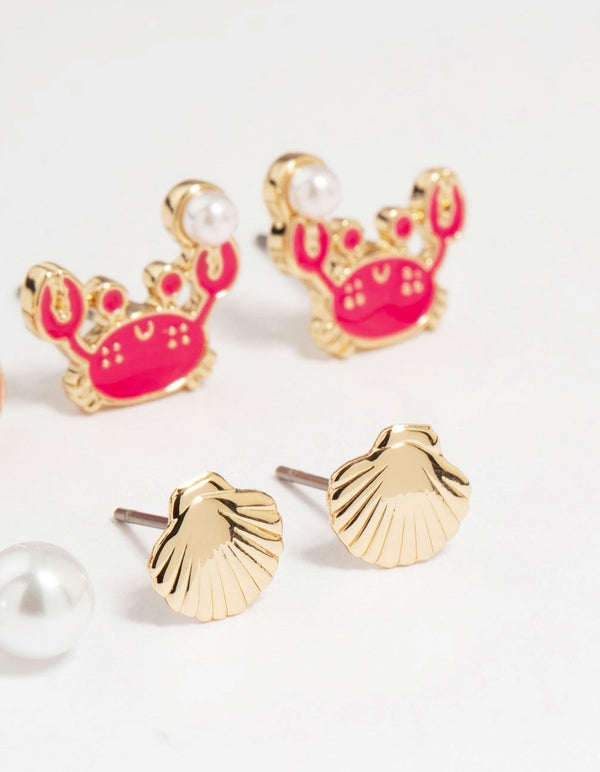 Kids Gold Sea Theme Stud Earrings 6-Pack