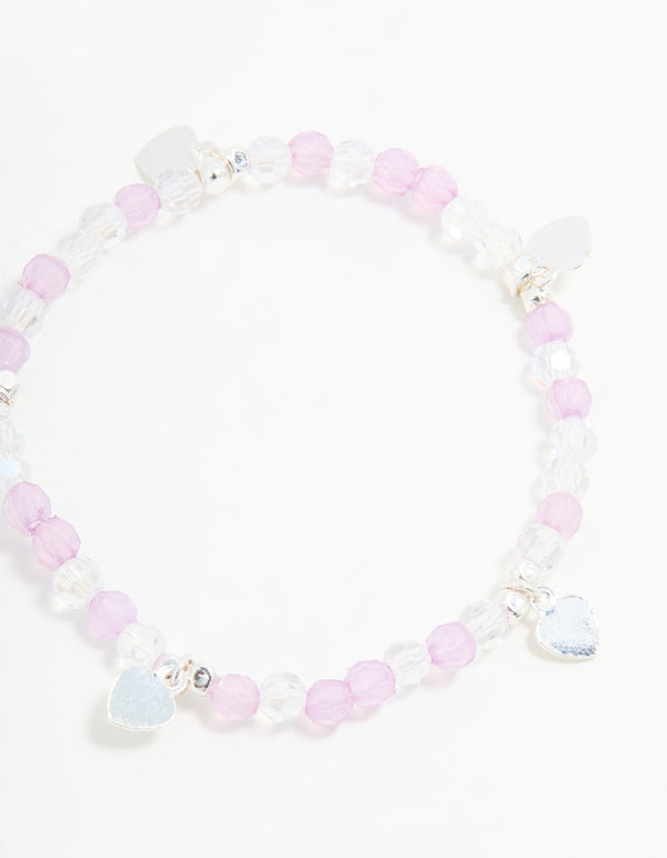 Kids Silver Heart Diamante Beaded Stretch Bracelets 4-Pack