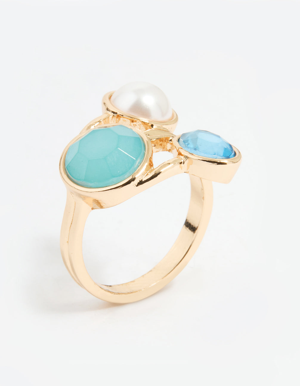 Gold Pearl Statement Triple Blue & Clear Gems Ring