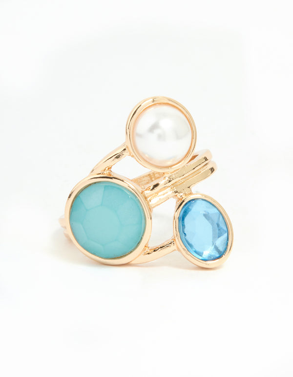 Gold Pearl Statement Triple Blue & Clear Gems Ring