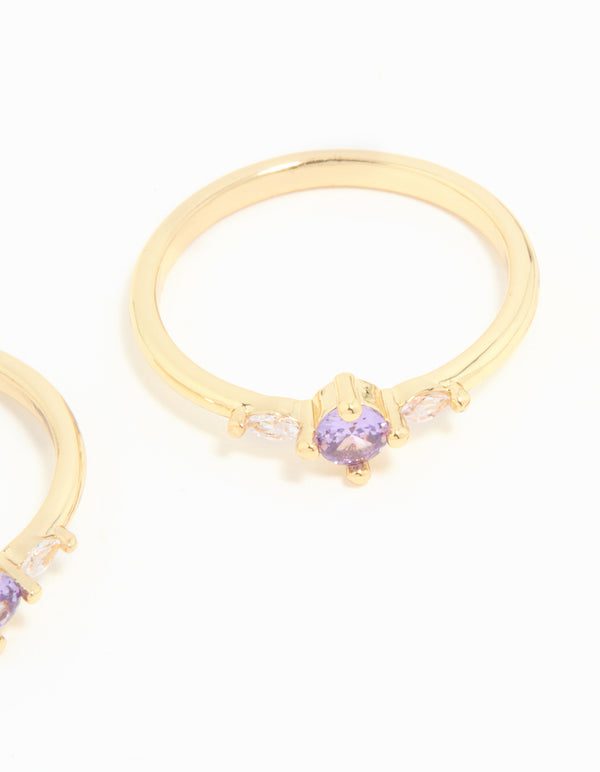 Gold Plated Purple Cubic Zirconia Dainty Stacking Rings 2-Pack