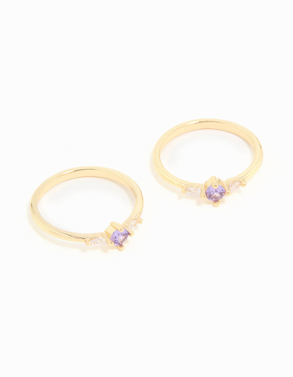 Gold Plated Purple Cubic Zirconia Dainty Stacking Rings 2-Pack