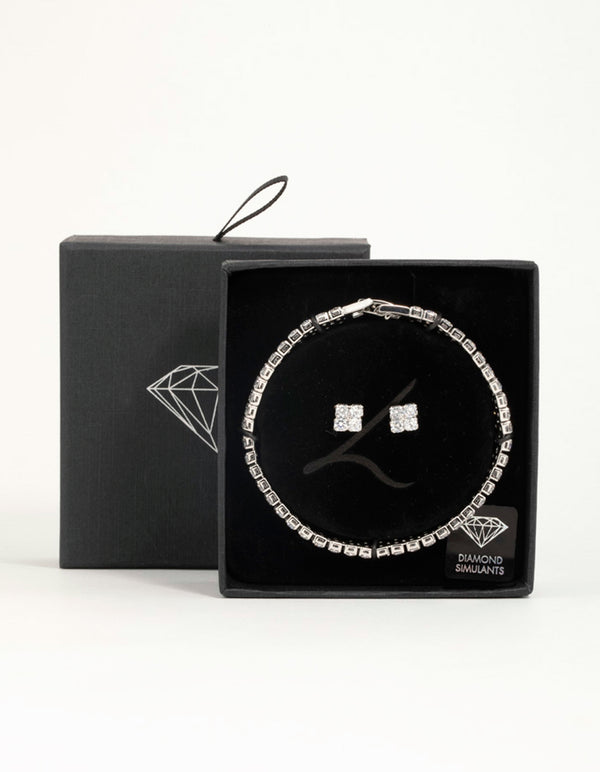 Silver Cubic Zirconia Flower Earrings & Tennis Bracelet Set