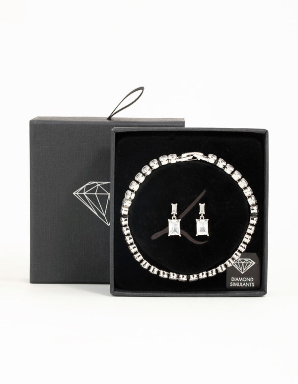 Silver Diamante Rectangle Drop Earrings & Tennis Bracelet Set