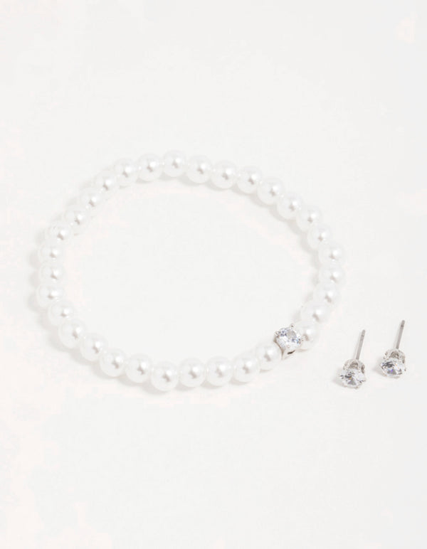 Silver Pearl Cubic Zirconia Earrings & Bracelet Set