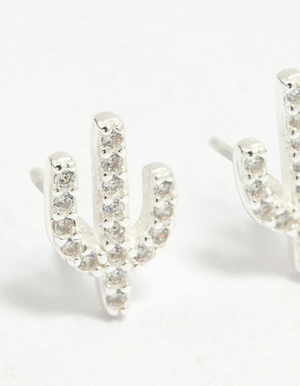Sterling Silver Cubic Zirconia Pave Cactus Stud Earrings