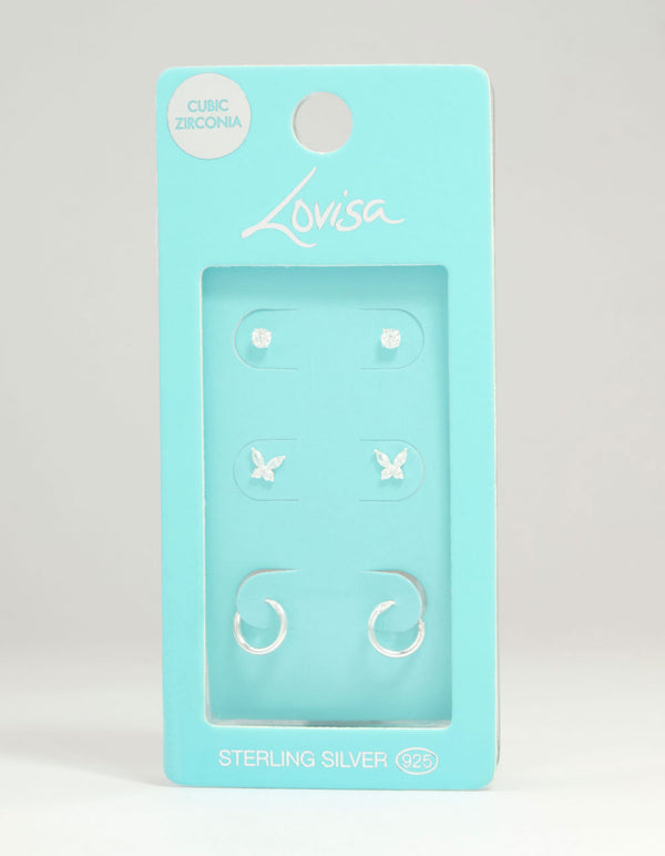 Sterling Silver Cubic Zirconia Butterfly Stud & Hoop Earrings 3-Pack