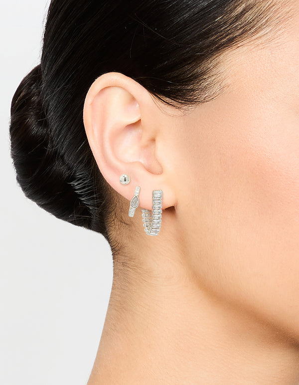 Silver Cubic Zirconia Chain & Sleek Stud Earrings 3-Pack