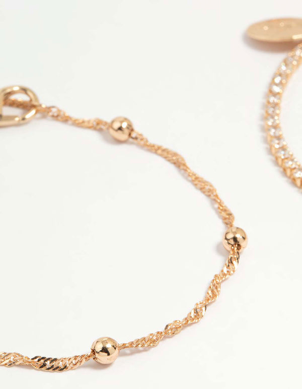 Gold Cubic Zirconia Heart Bracelet & Anklet 4-Pack