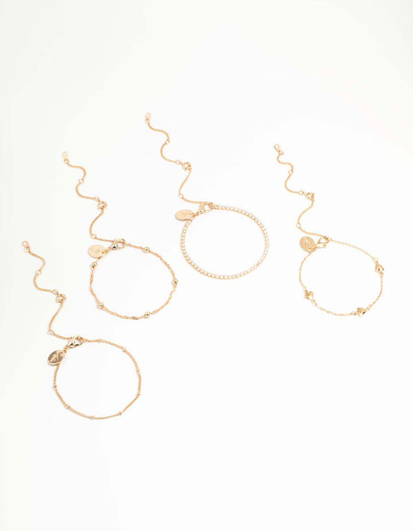 Gold Cubic Zirconia Heart Bracelet & Anklet 4-Pack