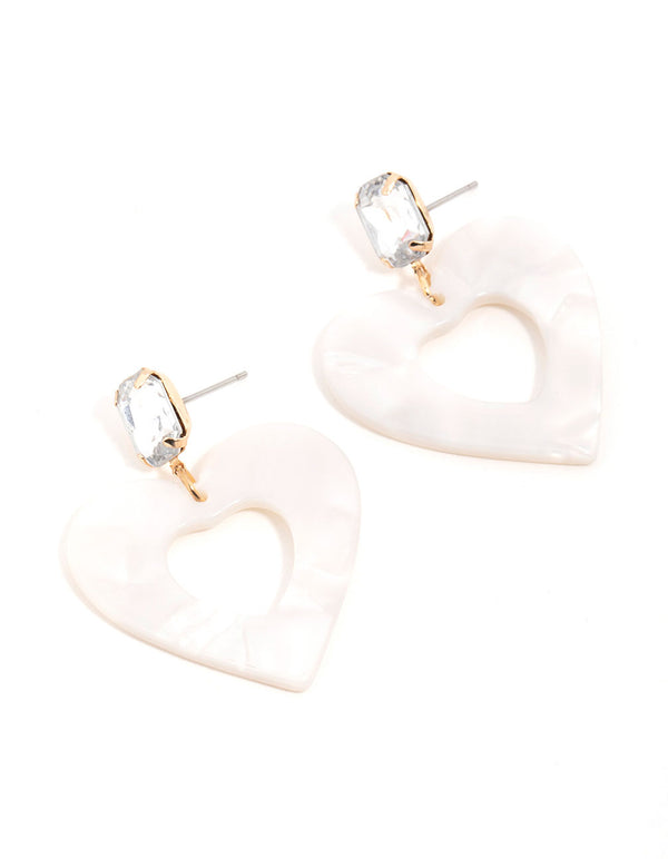 Gold Diamante Pearlised Heart Drop Earrings