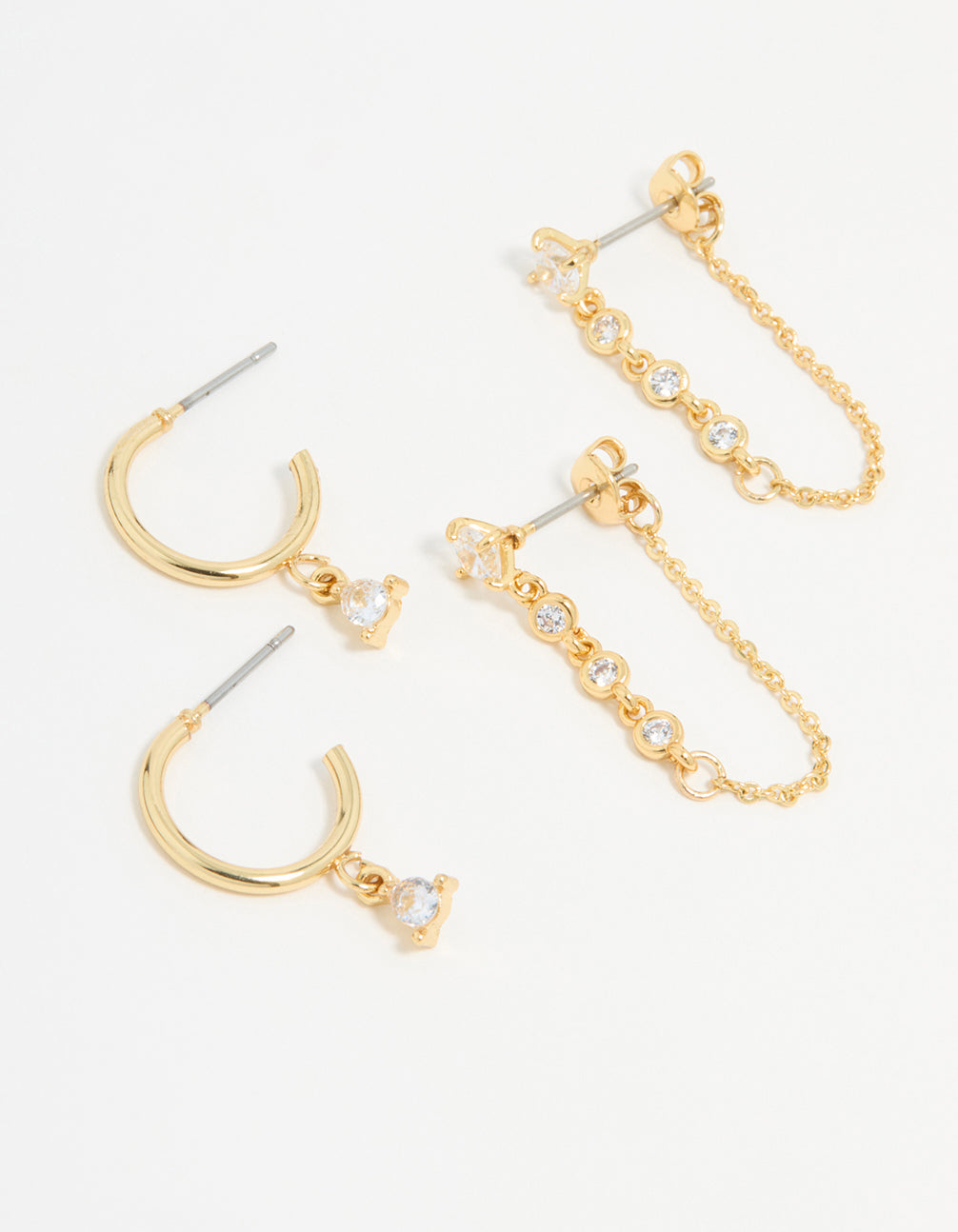 Gold Plated Cubic Zirconia Stud & Chain Earrings 2-Pack