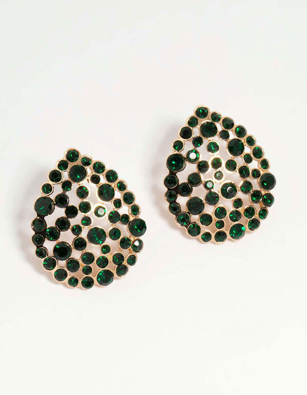 Rose Gold Green Diamante Teardrop Stud Earrings