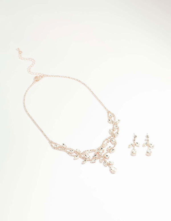 Rose Gold Floral Vine Cascading Necklace & Earrings Set