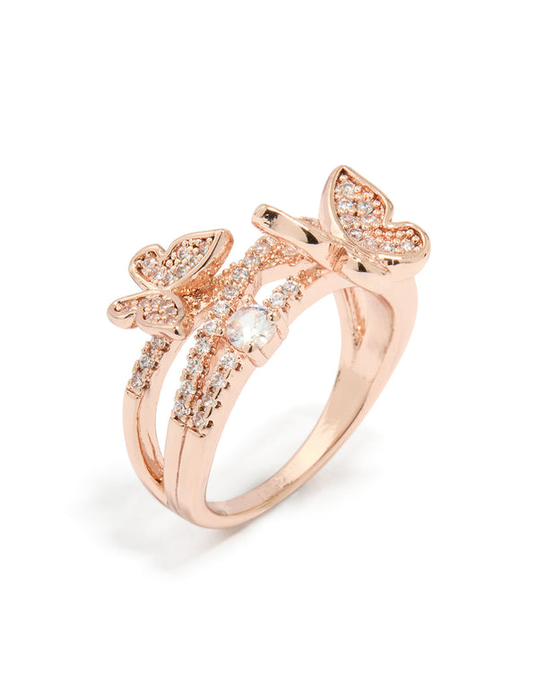 Rose Gold Cubic Zirconia Double Butterfly Wrap Ring