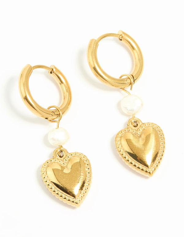 Waterproof Gold Plated Stainless Steel Pearl Heart Huggie Earrings