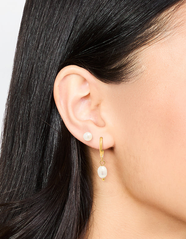 Waterproof Gold Plated Stainless Steel Pearl Dainty Earrings 2-Pack