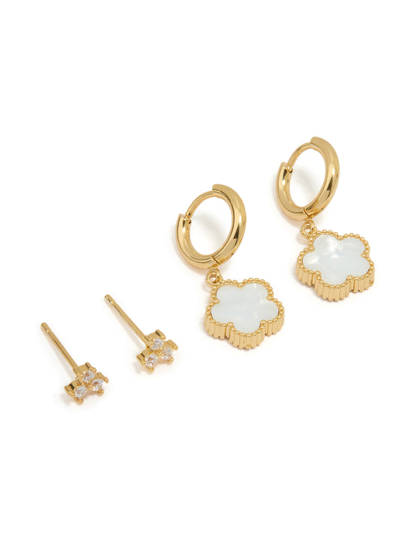 Waterproof Gold Plated Stainless Steel Cubic Zirconia Petal Earrings 2-Pack