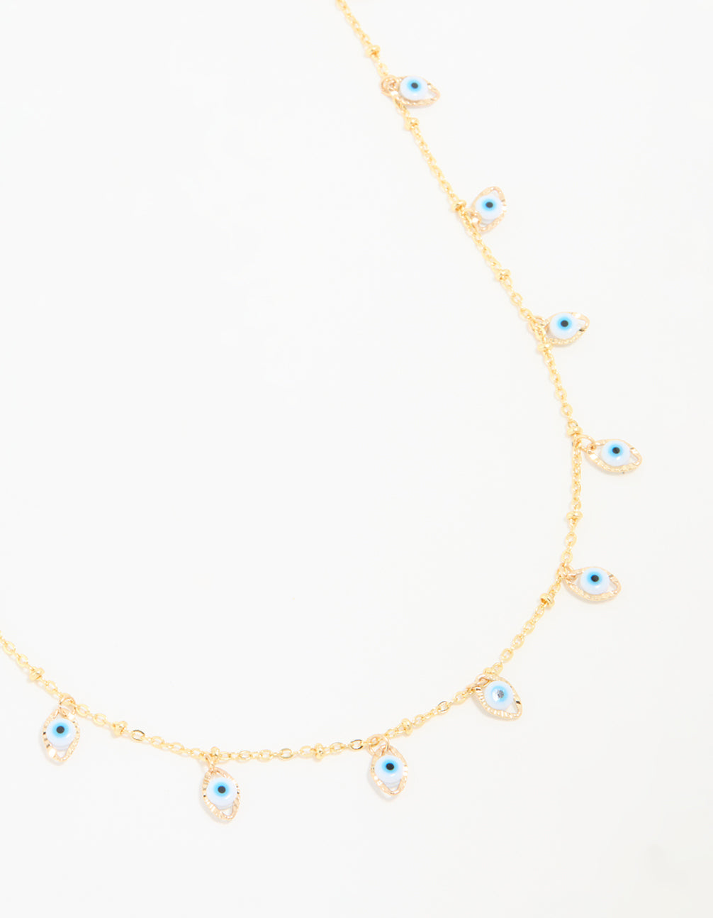 Showcasing a waterproof evil eye charm necklace crafted from gold plated stainless steel with pendant features close up view