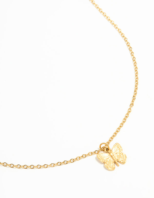 Waterproof Gold Plated Stainless Steel Textured Butterfly Necklace