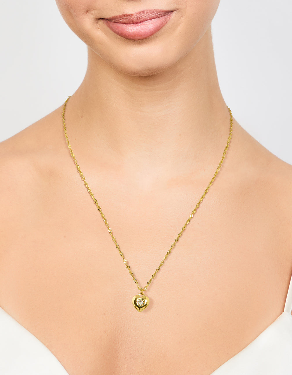 Waterproof Gold Plated Stainless Steel Cubic Zirconia Puffy Heart Necklace