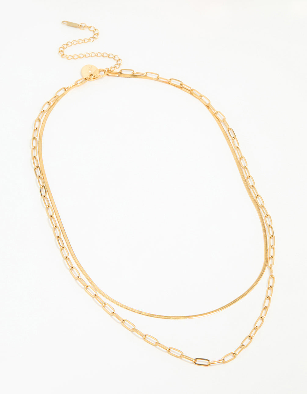 Introducing a waterproof double link layered necklace in gold plated stainless steel featuring chunky design front view