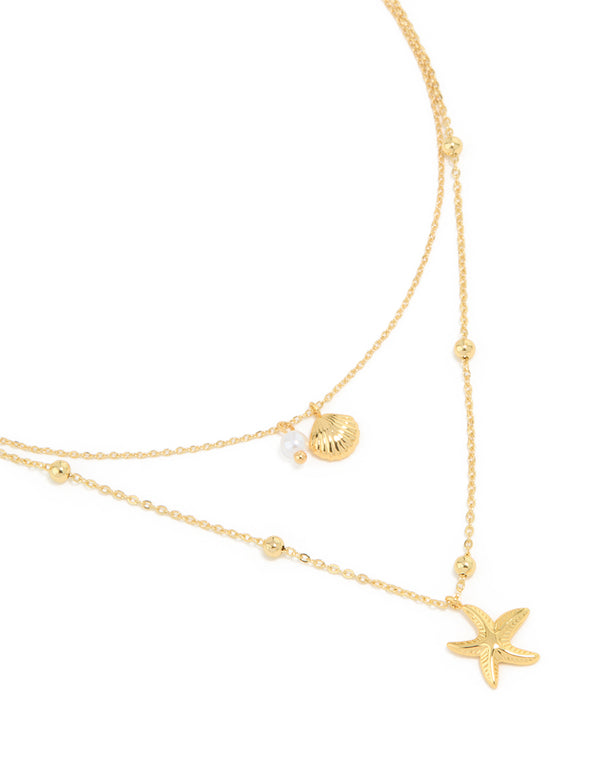 Waterproof Gold Plated Stainless Steel Star & Shell Layered Necklace