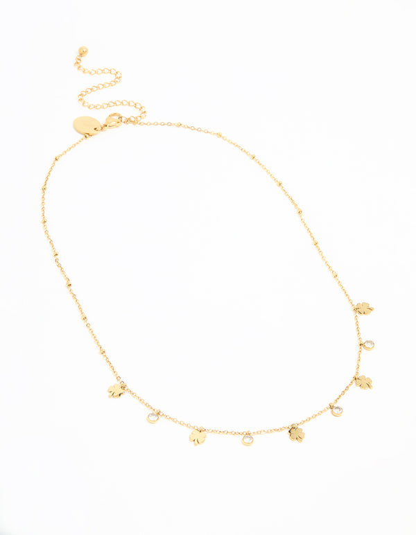 Waterproof Gold Plated Stainless Steel Cubic Zirconia Clover Pendant Necklace