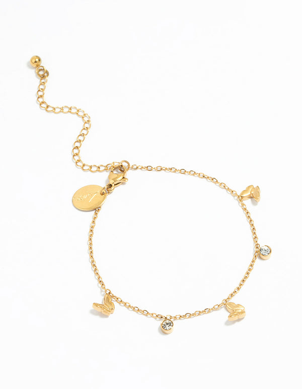 Waterproof Gold Plated Stainless Steel Cubic Zirconia Droplet Butterfly Bracelet
